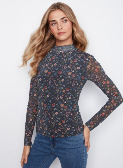 Long Sleeve Folk Floral Mesh Mockneck Top