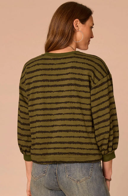 V-Neck Blouson Sleeve Stripe T-Shirt