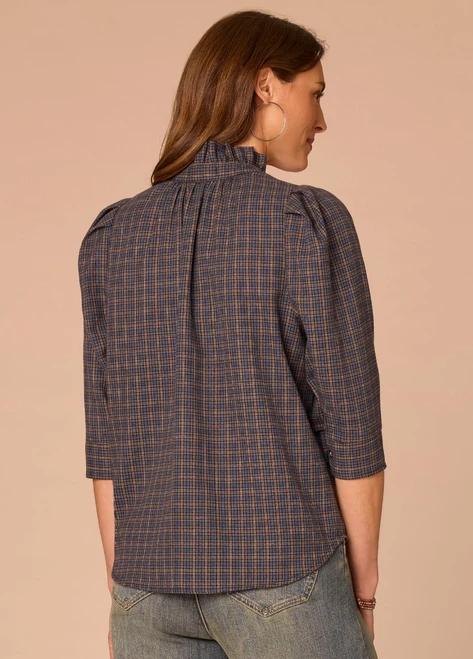 Midnight Sapphire Plaid Ruffle Placket Top