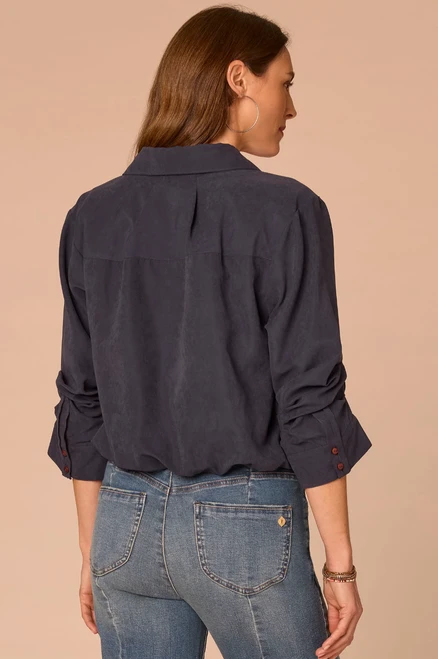 Orion Blue Bubble Hem Button Down Top