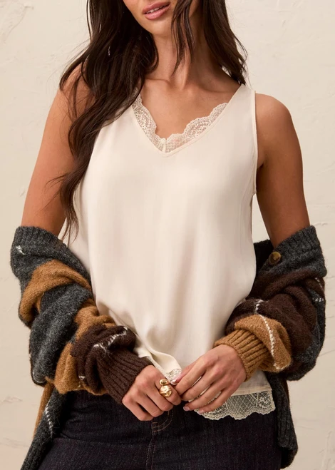 Cream V-Neck Lace Trim Tank