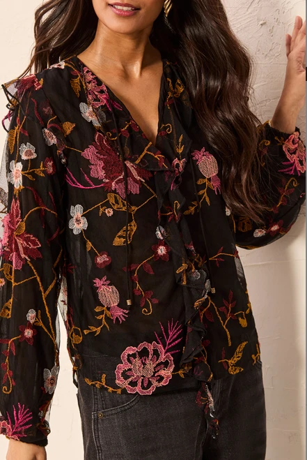Black Floral Embroidered Ruffle Romantic Top