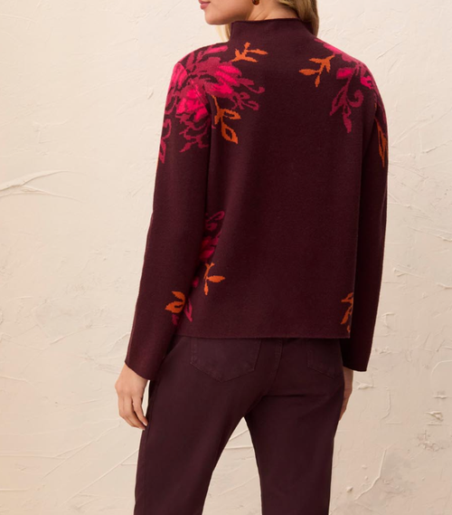 Fudge Maroon Floral Funnel Neck Sweater
