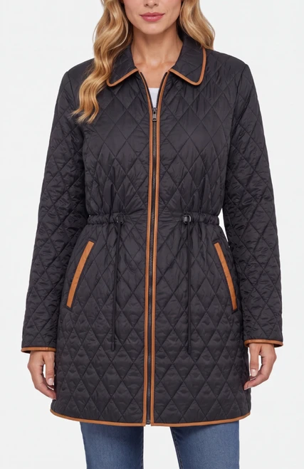Quilted Cinch-Waist Trimmed Coat