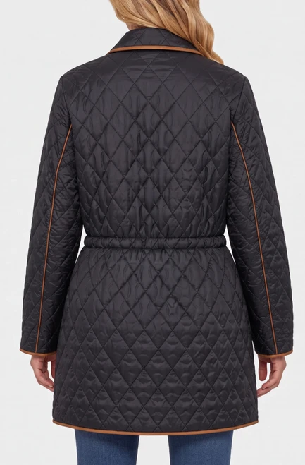 Quilted Cinch-Waist Trimmed Coat