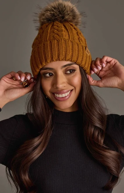 Cable Knit Pom Hat - Mustard