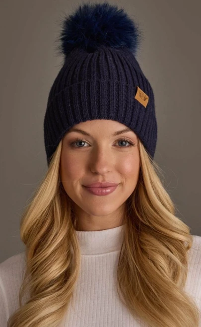 Rib Knit Pom Hat - Navy