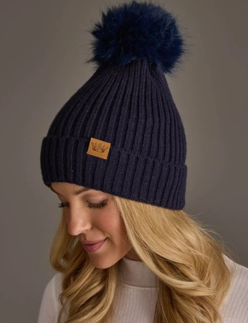 Rib Knit Pom Hat - Navy