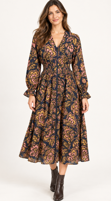 Floral Print Zip Midi Dress