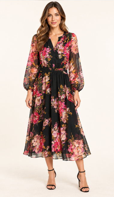Romantic Floral L/S Midi Dress