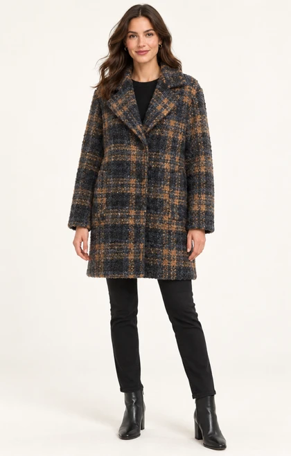 Brown Blue Plaid Boucle Jacket