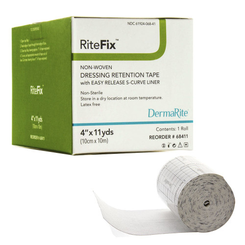 RiteFix Non-Woven Dressing Retention Tape with Easy Release Curve Liner, 4" x 11 yds