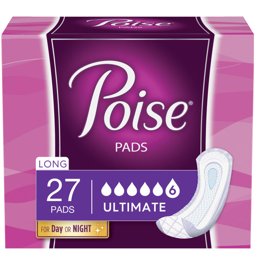Poise Incontinence Overnight Pads, Ultimate Absorbency, Long, 15.9" (Package of 27)