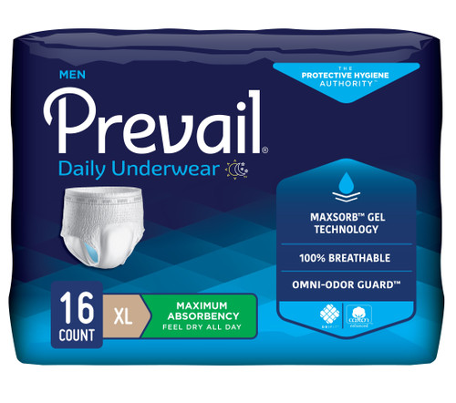 Prevail Underwear for Men, X-Large, 48" - 64", Maximum Absorbency (Package of 16)