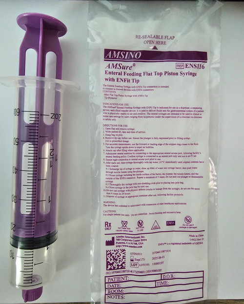 Flat Top Piston Syringe 60cc with ENFit Tip