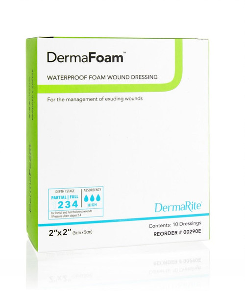DermaFoam Waterproof Foam Wound Dressing without Border, 2" x 2" (Box of 10)