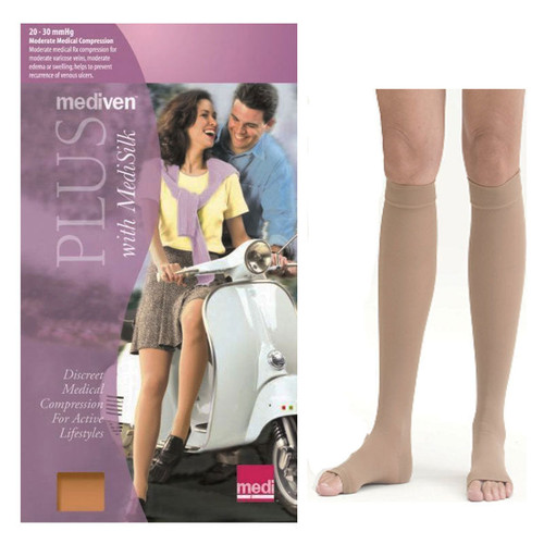 Calf Petite w/Silicone Top Band,Beige,Sz 4, O/Toe