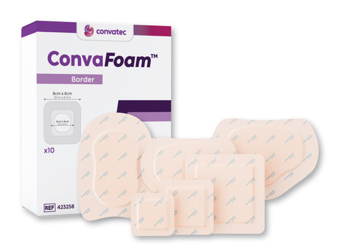ConvaFoam Border Adhesive Silicone Hydrofiber Foam Dressing, 6" x 6" Dressing, 4" x 4" Pad