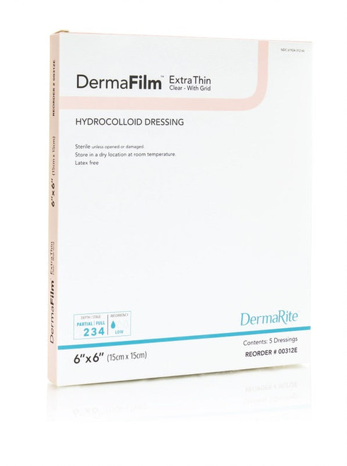 DermaFilm Hydrocolloid Wound Dressing, Thin with Border, 6" x 6" (Box of 5)