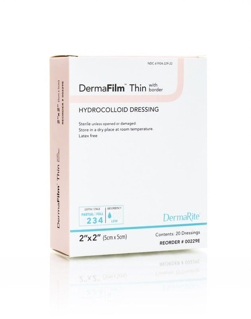 DermaFilm Hydrocolloid Wound Dressing, Thin with Border, 2" x 2" (Box of 20)