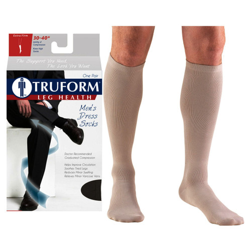 Truform Men's Dress Knee High Support Sock, 30-40 mmHg, Closed Toe, Tan, X-Large