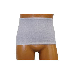 Men's Wrap/Brief with Open Crotch and Built-in Ostomy Barrier/Support Gray, Center Stoma, Small 32-34