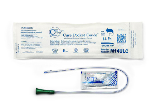 Cure Medical Pocket Catheter, Single, Male, 16" Coude Tip with Lubricant, 14 FR (Box of 30)