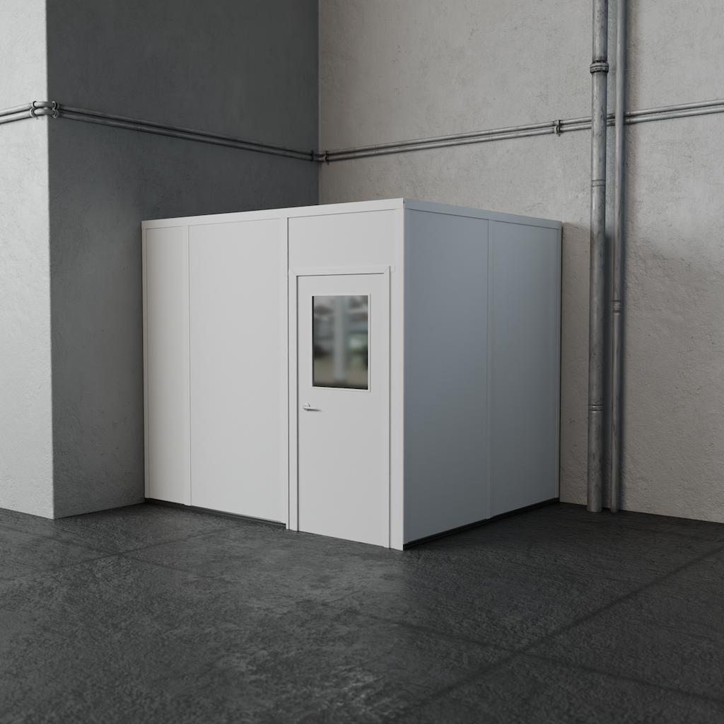PortaFab's gray 2-wall 8' x 10' modular inplant office with no window in the color white.