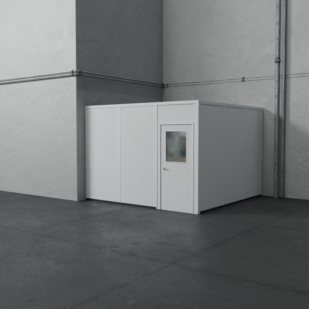 PortaFab's white 2-wall 12' x 12' modular inplant office with no window in a warehouse setting.