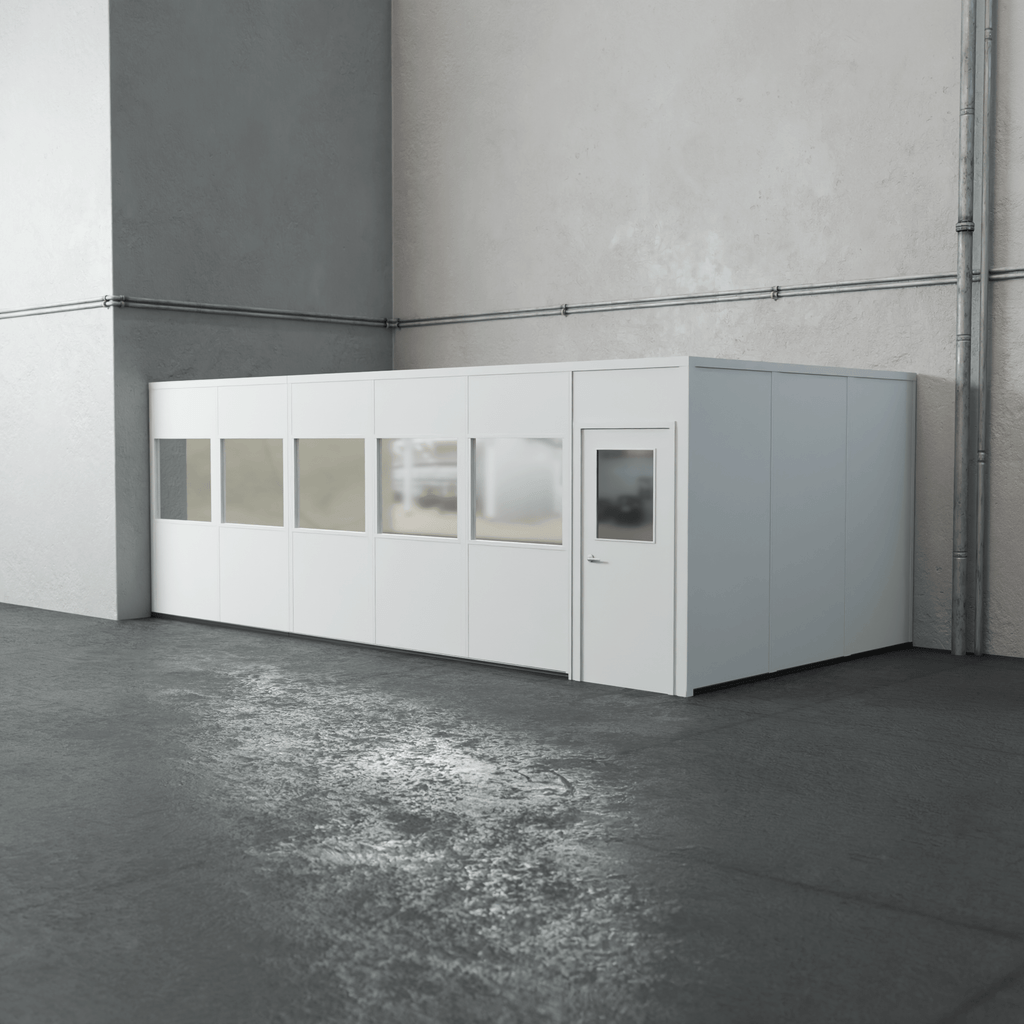 PortaFab's 2-wall 12' x 24' modular inplant office with windows in a warehouse setting.