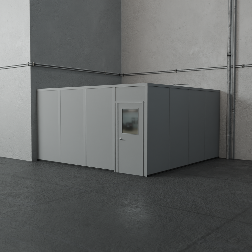 PortaFab's standard gray 2-wall 16' x 16' modular inplant office without windows in a warehouse setting.