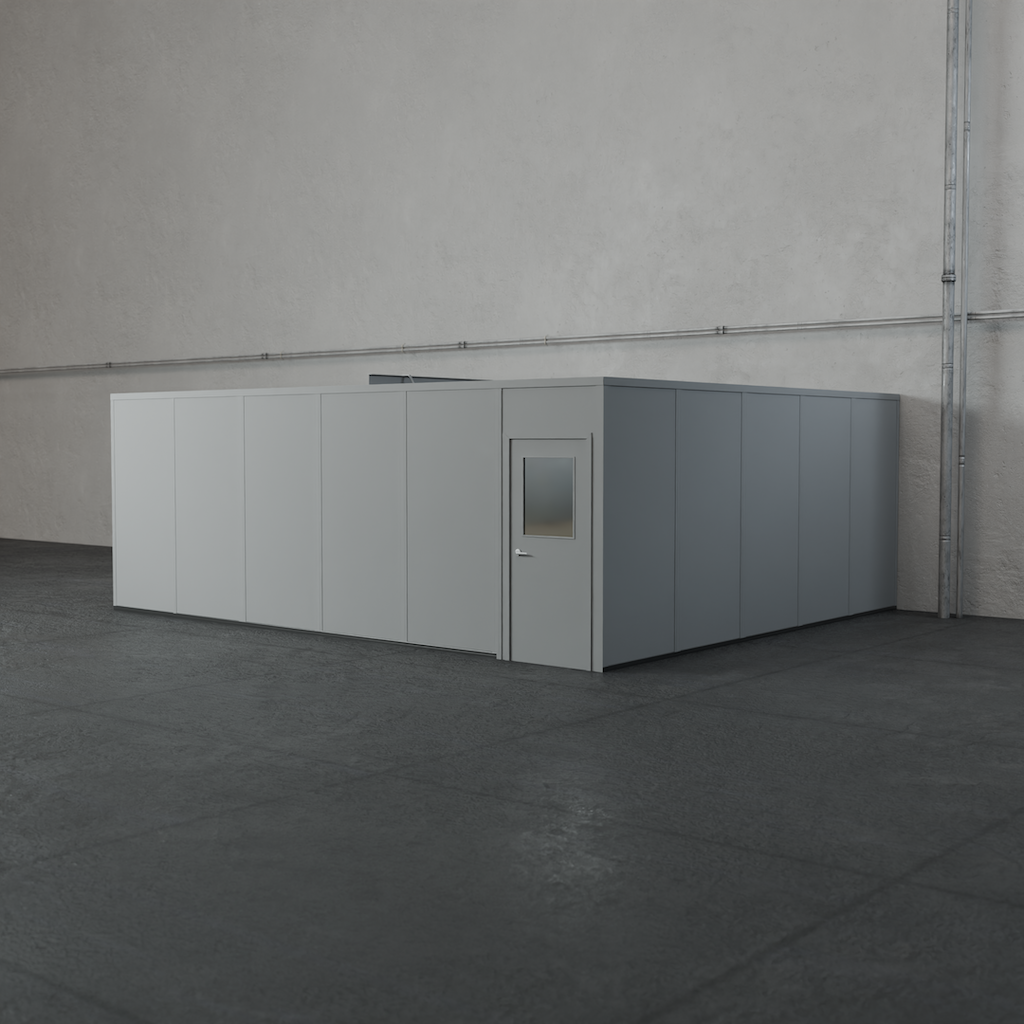 PortaFab's 20' x 24' three-wall modular office with no windows in the color gray.