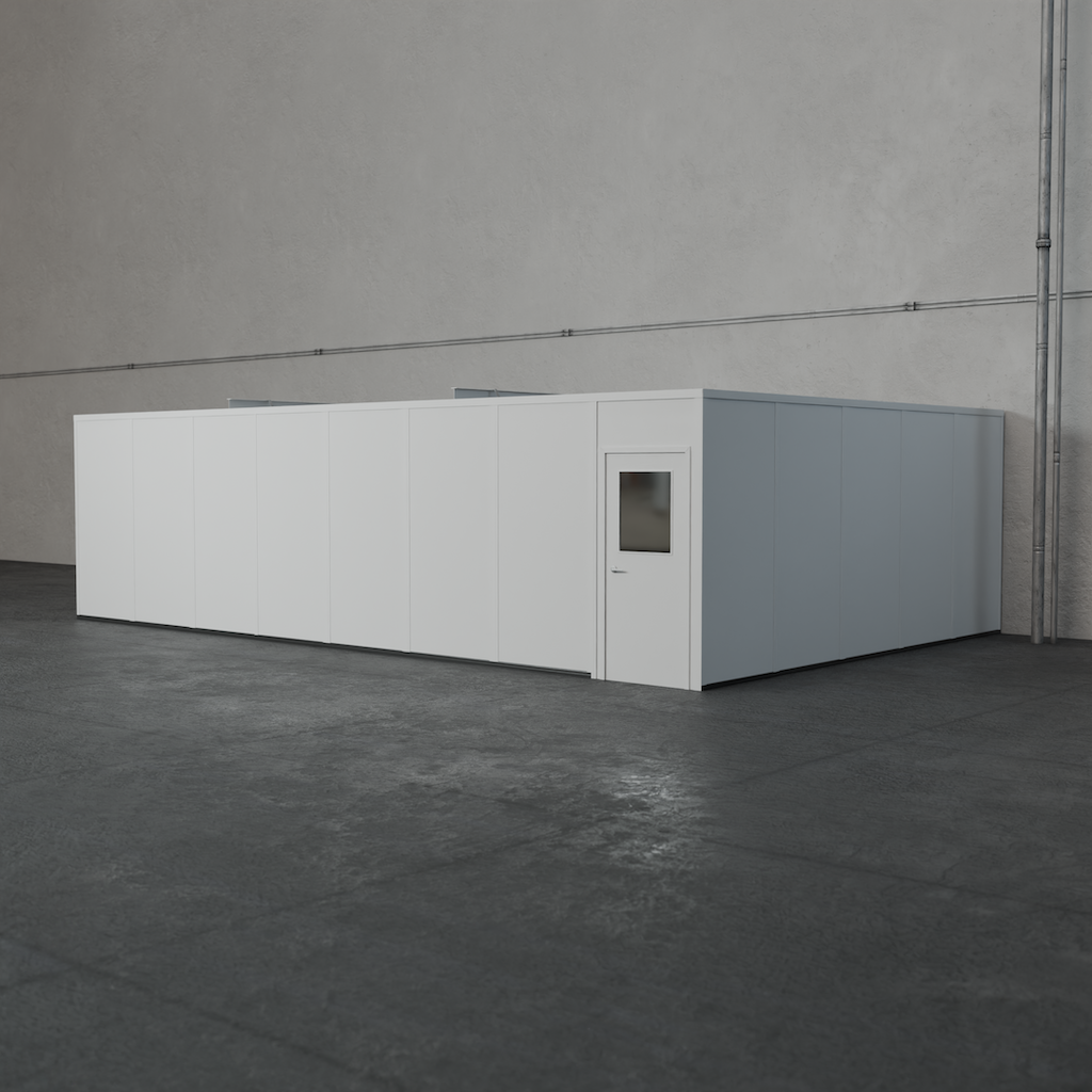 PortaFab's standard 3-wall 20' x 32' modular inplant office without windows in a warehouse setting.