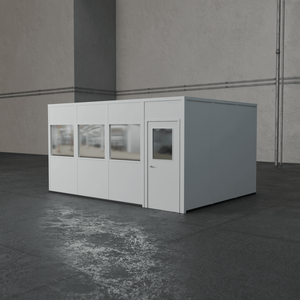 PortaFab's 4-wall 10' x 16' modular inplant office with optional windows in a warehouse setting.