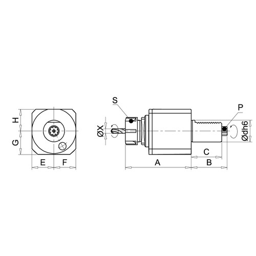 DIN5482 Axial Tool Head - Square Drawing