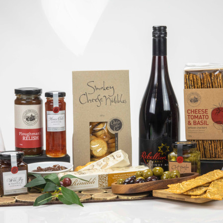 Premium red wine foodies hamper with gourmet treats and artisanal delights