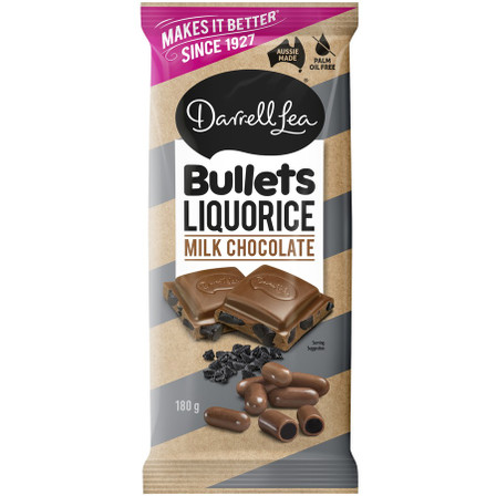 Darrell Lea Milk Chocolate Liquorice Bullets Block 180g Darrell Lea Milk Chocolate Liquorice Bullets Block 180g