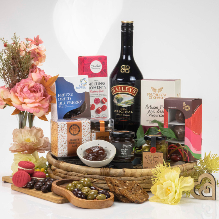 Deluxe Baileys Irish Cream and gourmet food hamper with chocolates and cake