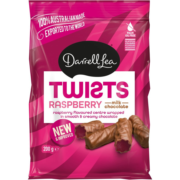 Darrell Lea Twists Milk Chocolate Raspberry 200g Darrell Lea Twists Milk Chocolate Raspberry 200g