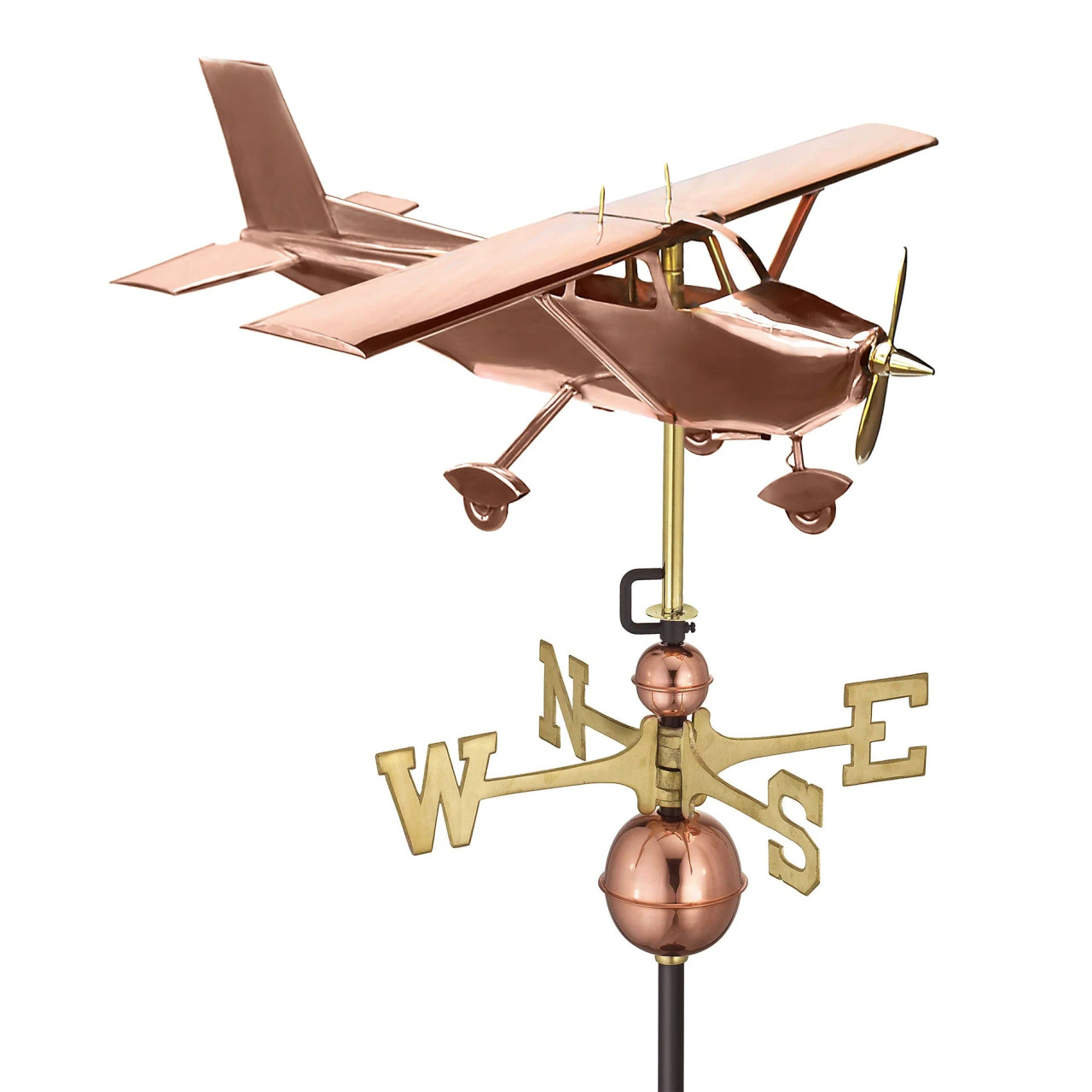 Handcrafted 3D copper airplane weathervane with brass directionals N S E W and brass propeller