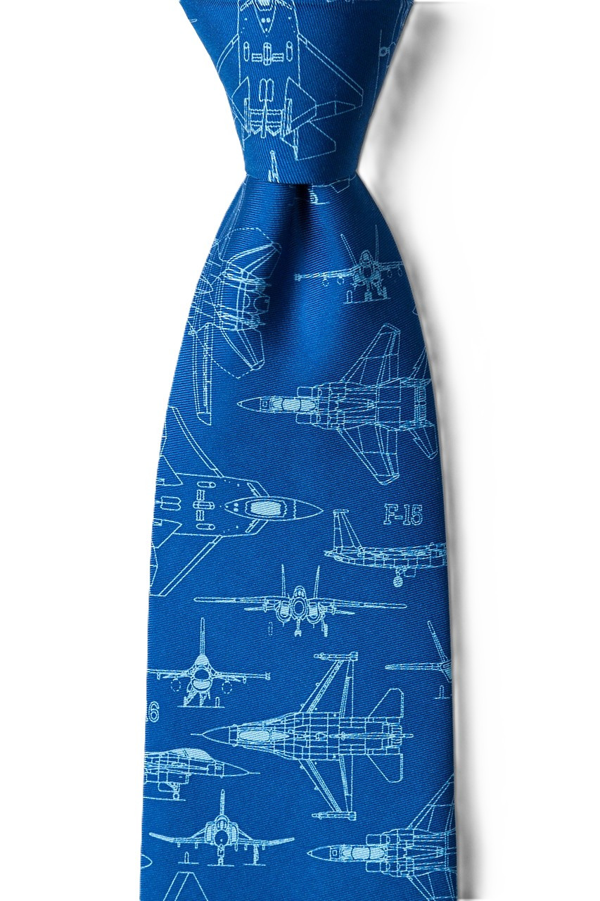 F-16 Fighting Falcon and F/A-18 military jet airplane silk tie on blue background