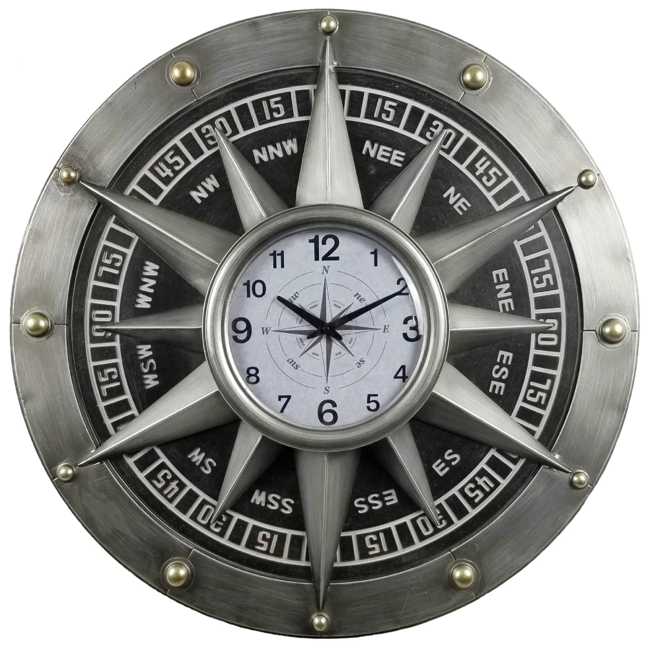 Large Compass Rose Metal Wall Clock with silver-tone finish