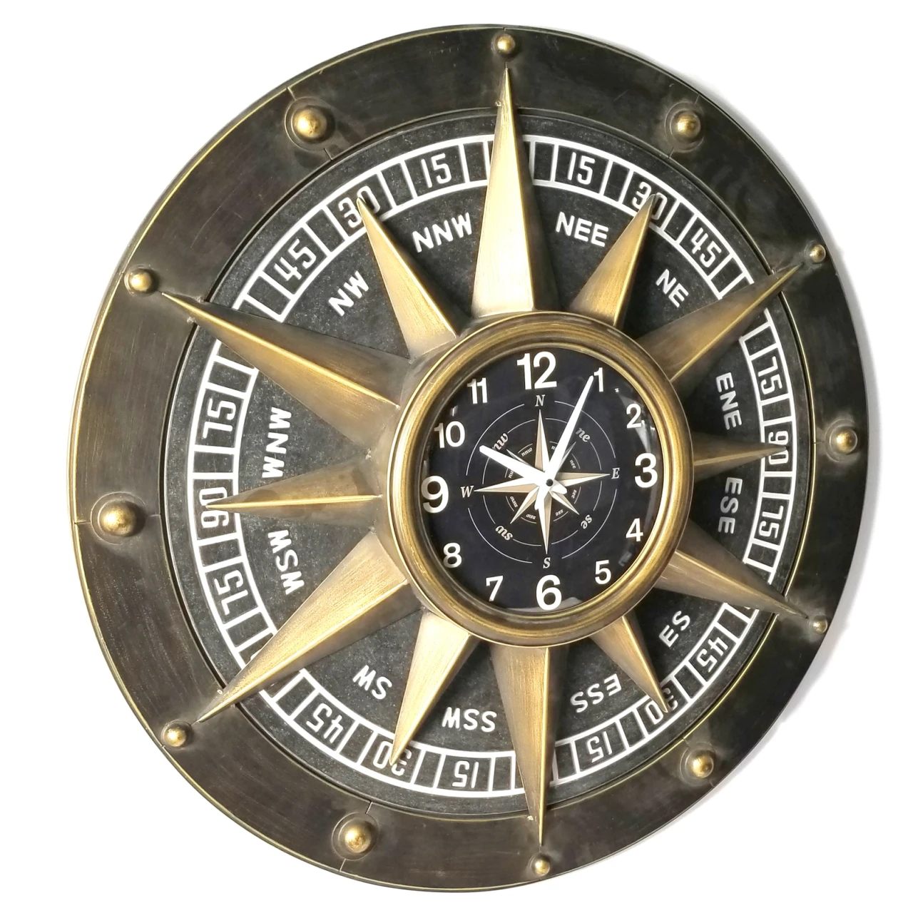 Large Metal Compass Rose Wall Clock with gold accents