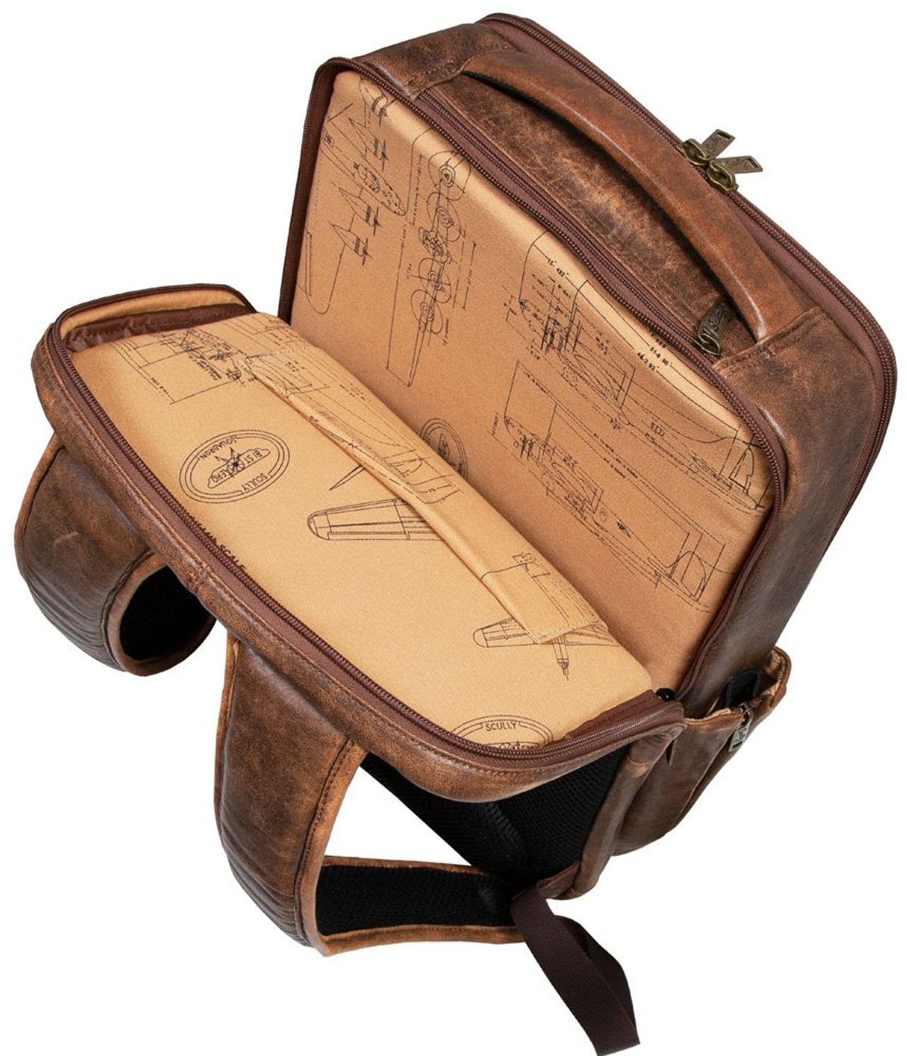 Leather Business Backpack with Airplane Schematics