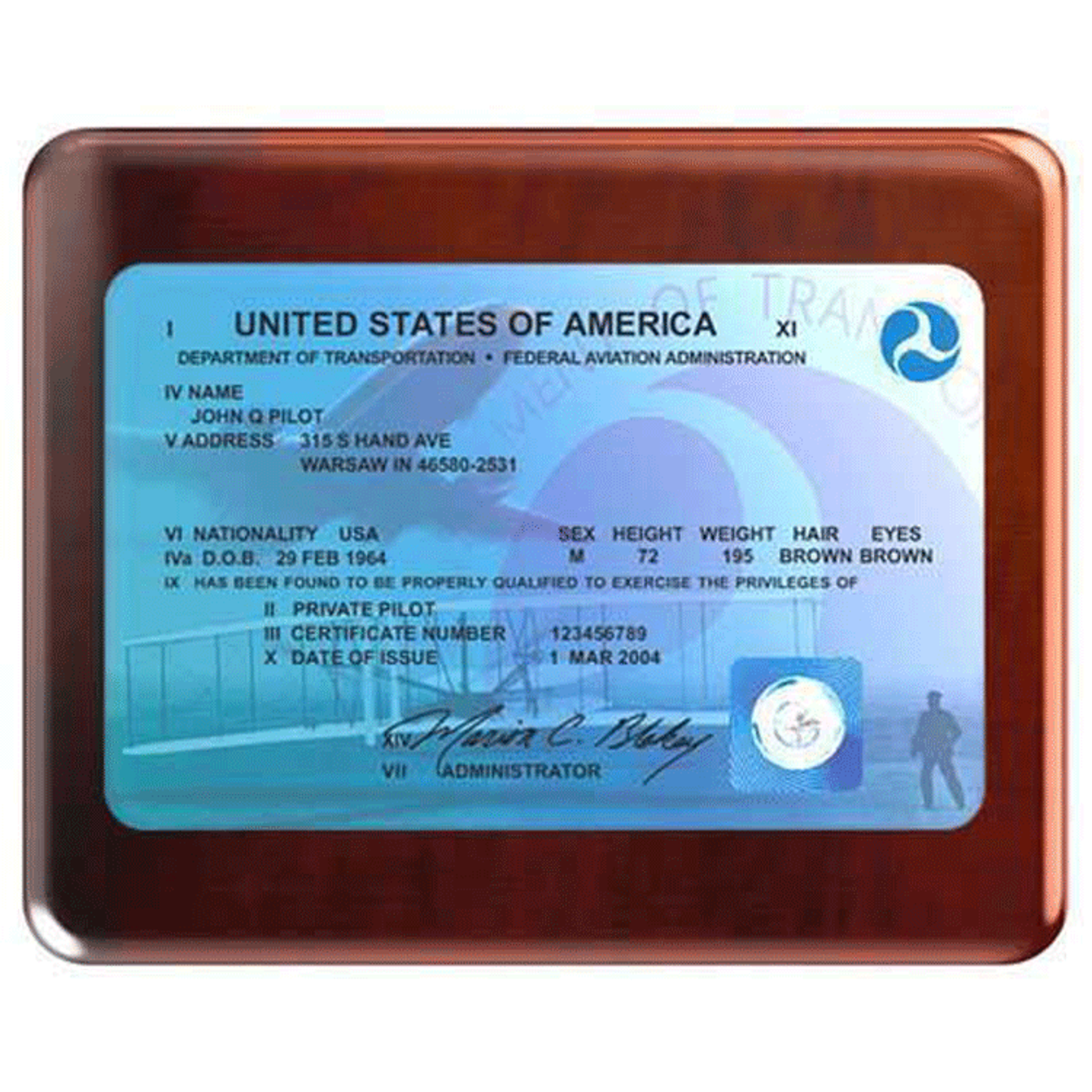 FAA License Replica Plaque with Rosewood Finish