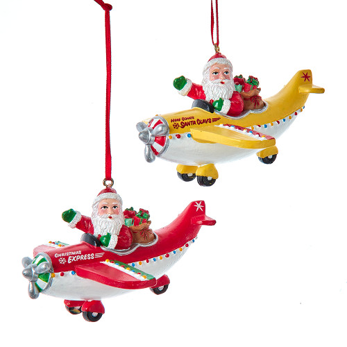 Santa in Airplane Holiday Ornament - Set of 2