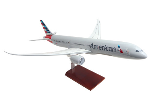 American Airlines 787-9 Dreamliner resin model airplane on wooden display stand