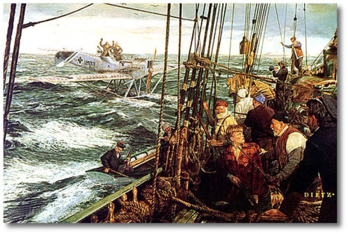 WWI Downed Bird aviation art print by James Dietz showing German floatplane surrendering