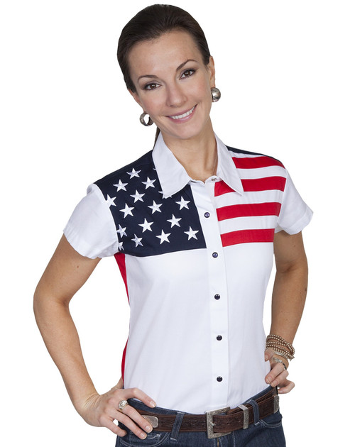 Women’s American flag blouse red white blue  with embroidered stars front view