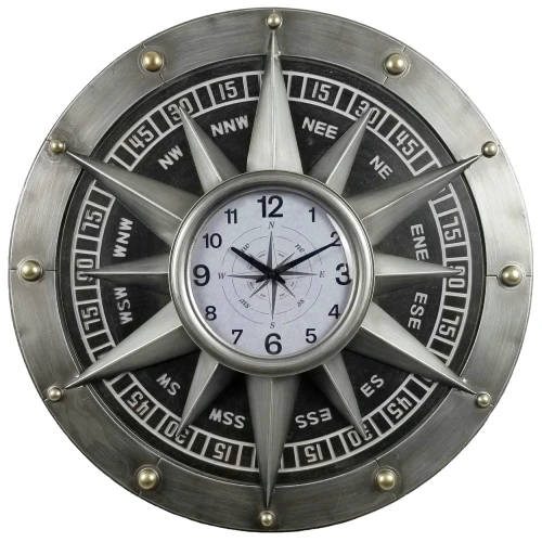 Large Compass Rose Metal Wall Clock with silver-tone finish